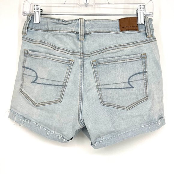 American Eagle Size 4 Hi-Rise Shortie Jean Shorts Stretch Light Wash Denim - Picture 3 of 9